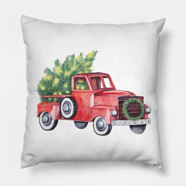 Old red truck Christmas illustration Pillow by InnaPatiutko