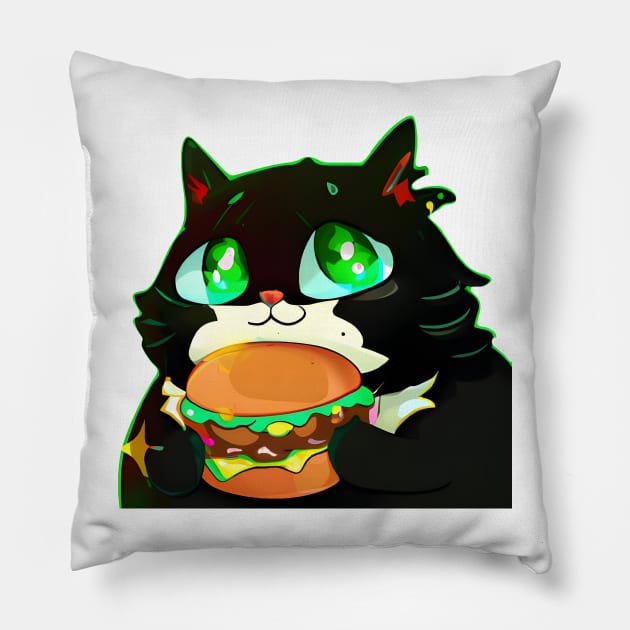 Black Fat cat with eating burger Pillow by Meowsiful