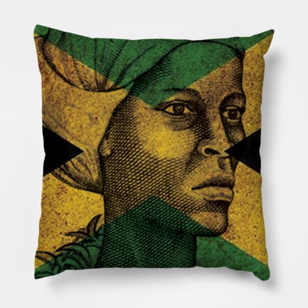 Famous Women of Black History | Queen Nanny of the Accompong Maroons in front of the Jamaican Flag Pillow by Panafrican Studies Group