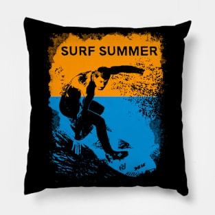 Retro Vintage Summer Surfer Distressed Illustration Pillow