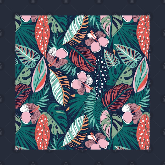 Moody tropical night // pattern // oxford blue background coral spearmint papaya orange jade and pine green leaves cotton candy pink and dry rose hibiscus flowers by SelmaCardoso