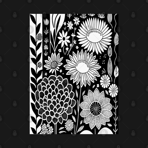 Black and White Floral Lino Print by Velvet Earth