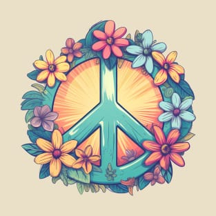 Groovy retro peace sign with pastel flowers T-Shirt