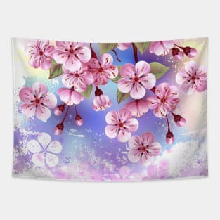 Pink sakura on textured background Tapestry