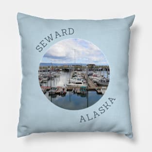 Seward Alaska Boat Harbor and Mountains Pillow