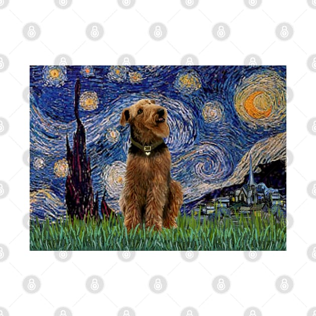 Happy Airedale in Adaptation of Van Gogh's Starry Night by Dogs Galore and More