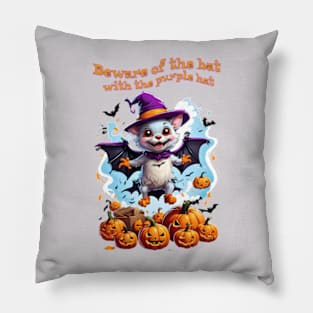 Funny Halloween bat lands on a pumpkin patch Pillow