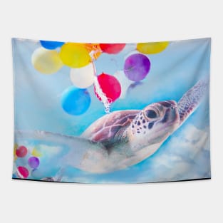 Cute Turtle Flying With Balloons Tapestry