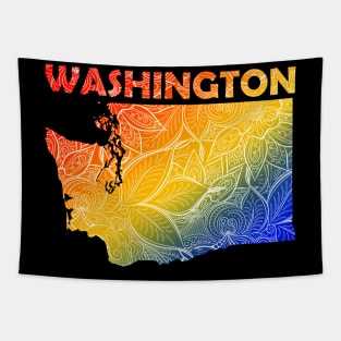 Colorful mandala art map of Washington with text in blue, yellow, and red Tapestry