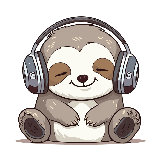 Sloth - Baby Sloth Kawaii Cute, Wearing Headphones, Enjoying The Music by ORENOB