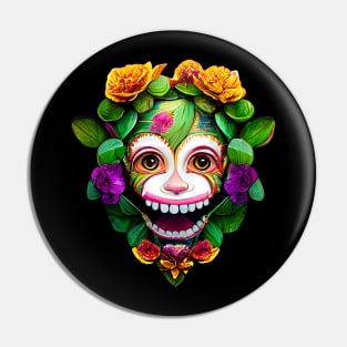 Painted Monkey Face Surrounded by Yellow and Purple Flowers Pin