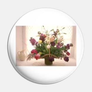 Basket of flowers in window Pin