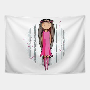 Cute bohemian girly girl with very long brown hair and a pink dress Tapestry