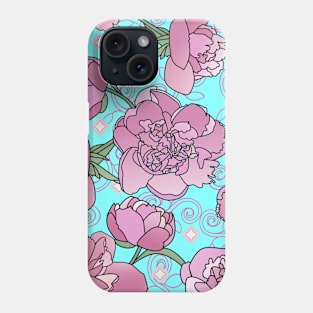 Peonies with Swirls and Diamonds on Sky Blue Phone Case