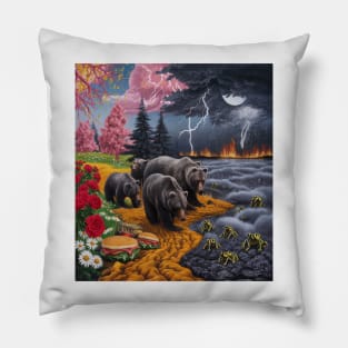 AI generated Bear with his family hunting Pillow