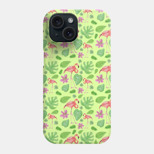 Flamingos Lilies and Monstera and Philodendron Gloriosum Leaves All-Over Pattern Phone Case by Penny Passiflora Studio