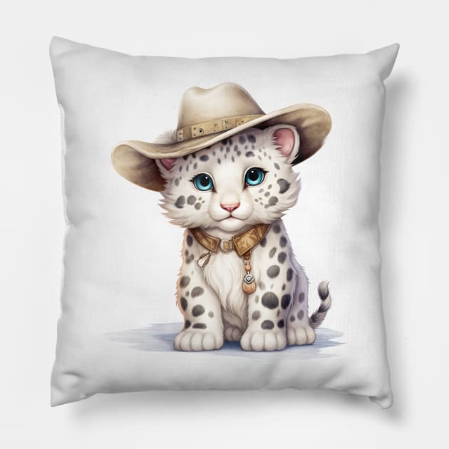 Snow Leopard Wearing a Cowboy Hat Pillow by Chromatic Fusion Studio