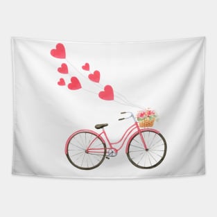 Watercolor Pink Bicycle Balloon Hearts Flower Basket Tapestry