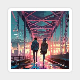 lost couple in a cyber neon cityscape Magnet