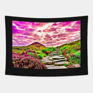 Purple Aesthetic Mountain Landscape Field of Flowers Stone Steps Tapestry