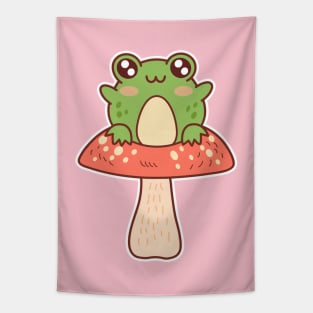 Cute Frog Setting on a Mushroom Kawaii Cottagecore Tapestry