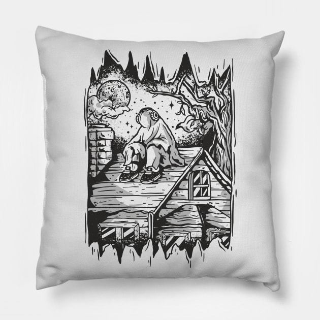 Lonely Ghost Sitting on Roof // Funny Halloween Sketch Pillow by SLAG_Creative