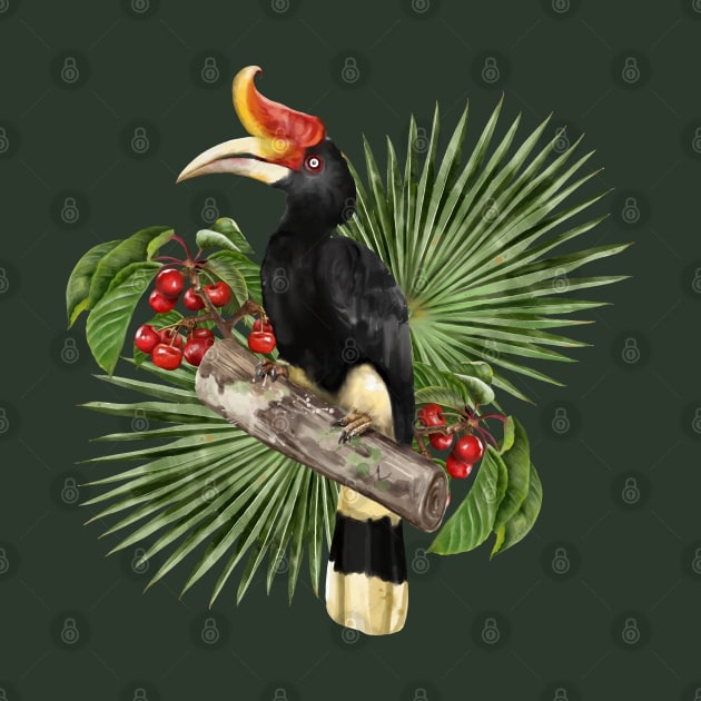 Illustration Hand drawn of Hornbill bird and flowers. by Lewzy Design