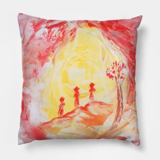 landscape with people. Hand drawn color illustration, painting, art, encaustic. Pillow