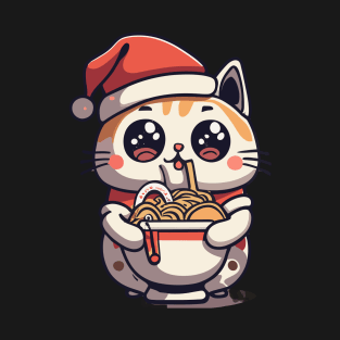 Kawaii cat eating noodles Christmas design T-Shirt