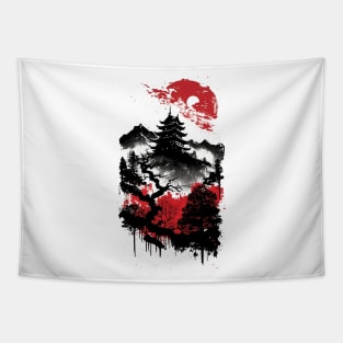 old Japanese castle - red & black print Tapestry