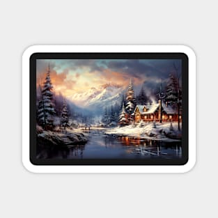 Oil Painting of a Mountain Cabin in Winter Magnet