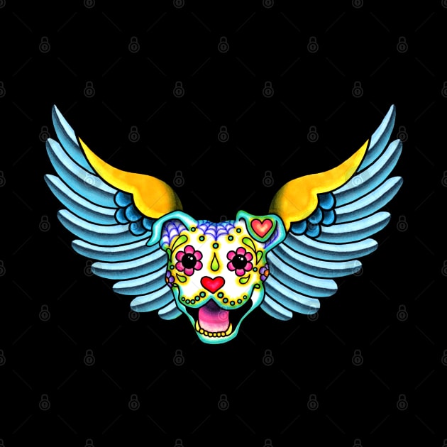 All Pit Bulls go to Heaven - Day of the Dead Winged Pitbull - Sugar Skull Angel by prettyinink