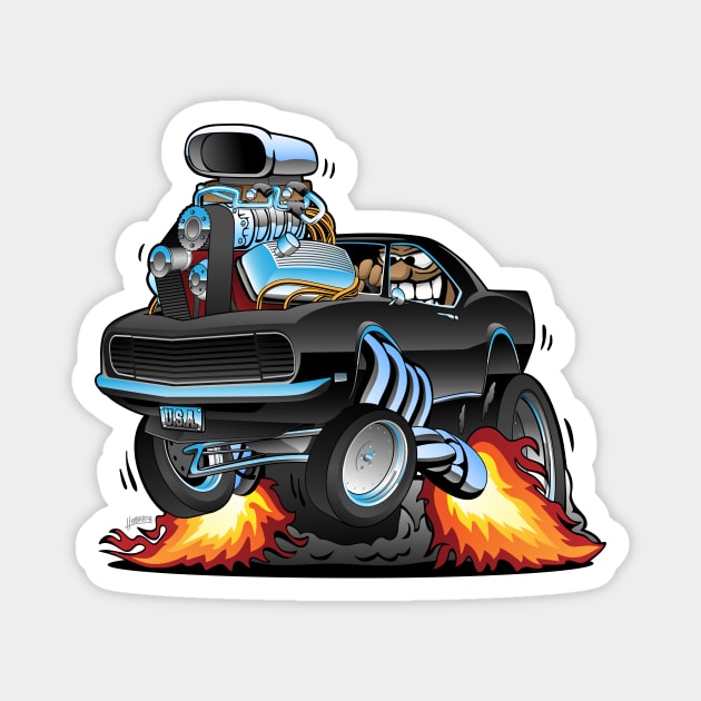 Classic Sixties American Muscle Car Popping a Wheelie Cartoon Illustration Magnet by hobrath