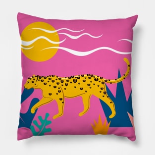 Walking Leopard Illustration ( pink background ) Pillow