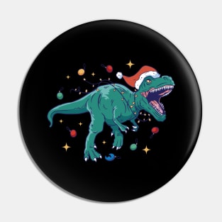 Santa Hat Christmas Lights T-rex Pin