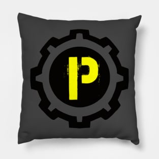 Yellow Letter P in a Black Industrial Cog Pillow