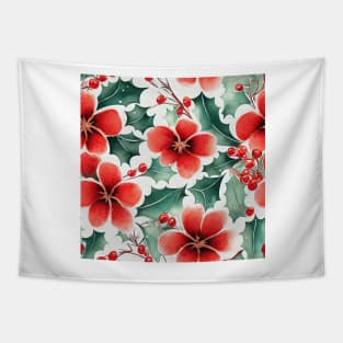 Christmas Red and Green Flowers with Holly Design on White Background Tapestry