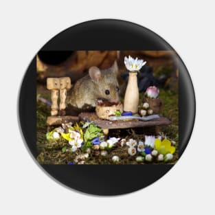 George the mouse in a log pile house - Spring flowers Pin