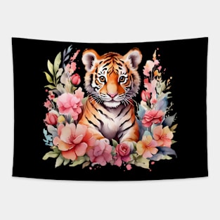 A baby tiger decorated with beautiful watercolor flowers Tapestry