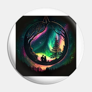 Couple in Heart shaped tree watching the northern lights. Pin