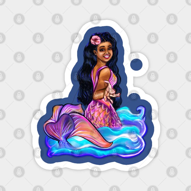 Mermaid Pacific princess  with rainbow coloured colored fins, hibiscus, outstretched  arm, brown eyes, Curly hair  and caramel brown skin - light background Magnet by Artonmytee