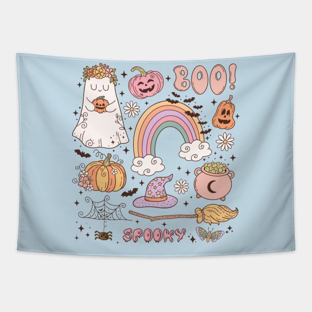 Retro Cute Groovy Halloween Ghost Hippie Tapestry by Hypnotic Highs