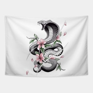 Fierce Cobra Tattoo Style with Cherry Blossoms Tapestry