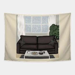 Living room in a snowy day Tapestry