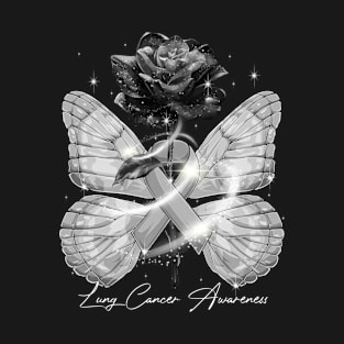 Lung Cancer Awareness Rose Butterfly Ribbon T-Shirt