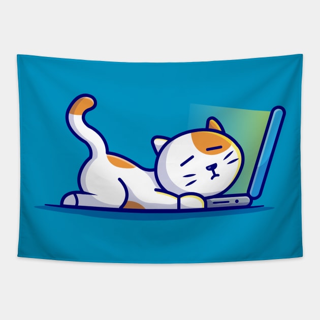 Cute Cat Sleeping On Laptop With Coffee Cup Cartoon Vector Icon Illustration Tapestry by Catalyst Labs