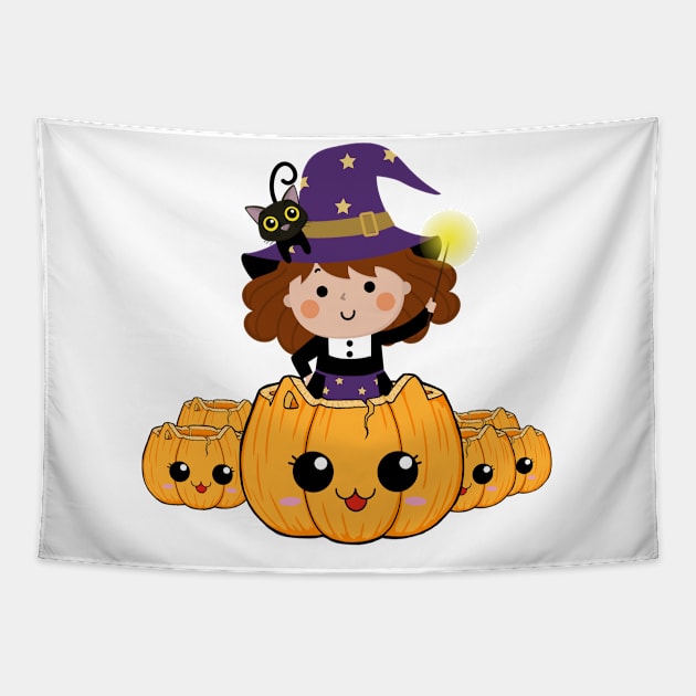 Cute little halloween witch with pumpkin and black cat Tapestry by DMS DESIGN