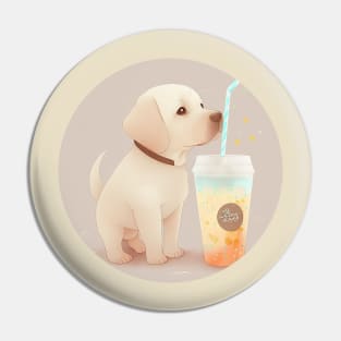 Cute Kawaii Golden Retriever Drinking Bubble Tea - Adorable Dog Lover Gift and Fun Animal Art Pin