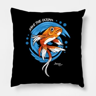 Save the Ocean Orange Fish with Blue Waves - Environment Pillow