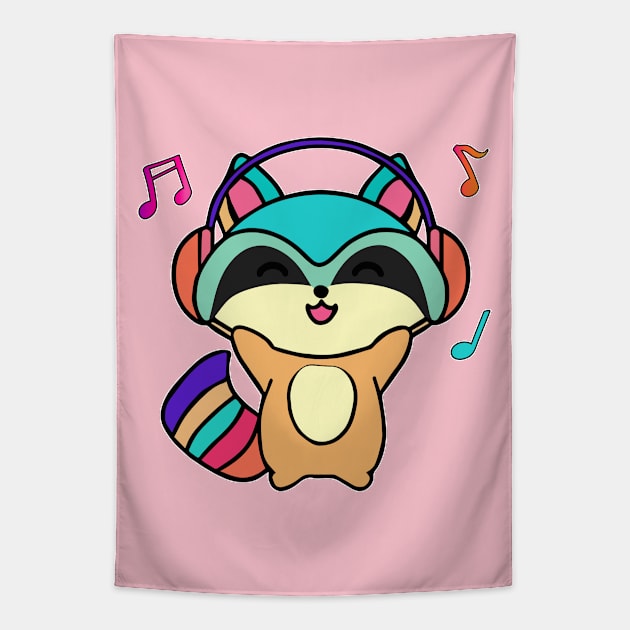 Happy smiling baby raccoon with headphones. Kawaii cartoon Tapestry by SPJE Illustration Photography